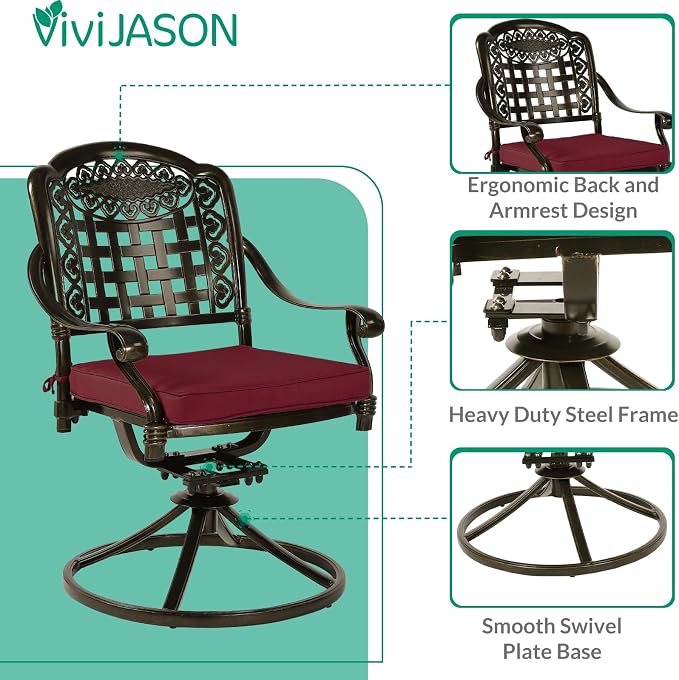 VIVIJASON 7-Piece Patio Furniture Dining Set, Outdoor Cast Aluminum Conversation Set, Include 4 Stationary Chairs, 2 Swivel Dining Chairs and a Rectangle Table with 2" Umbrella Hole, Red Cushion