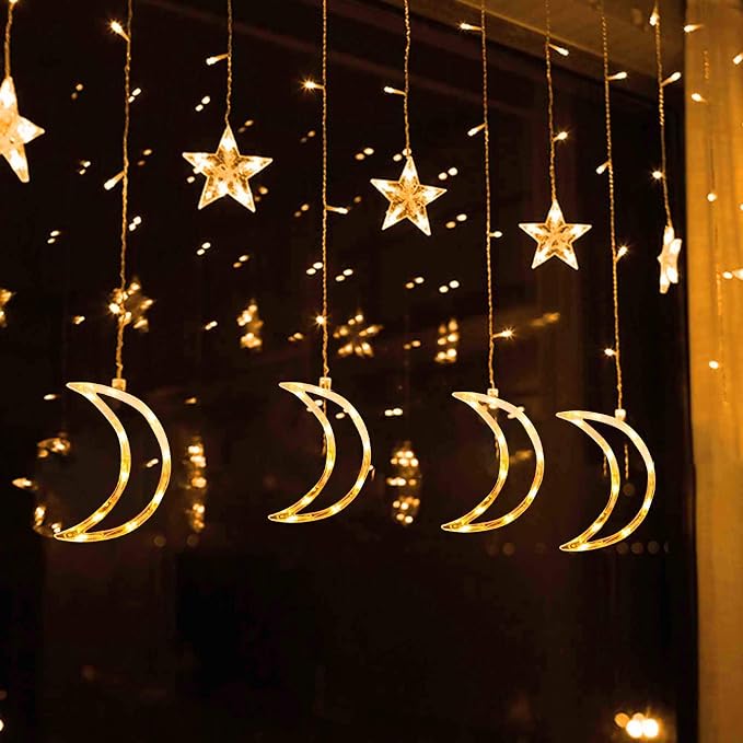Dazzle Bright Ramadan Curtain String Lights, 138 LED 8.2ft x 3.2ft Warm White Star Moon 8 Lighting Modes Fairy Lights with Remote for Bedroom Wall, Wedding, Outdoor Party, Ramadan Decorations