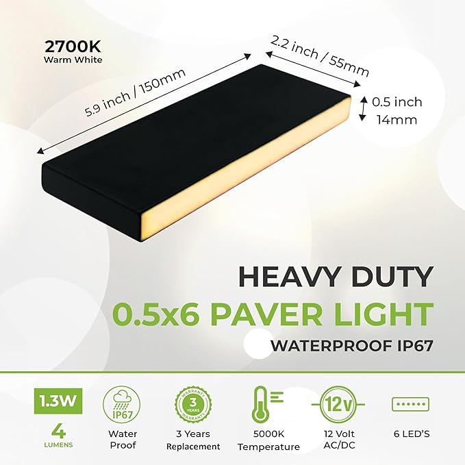 LUMENGY Paver Light Slim 0.5x6 Inch (0.55x5.9), 2700K Warm White, Glare-Free Linear Lighting for Driveways, Walkways and Paver Borders, 12V Hardwired, IP67 Waterproof, Drive-Over Rated
