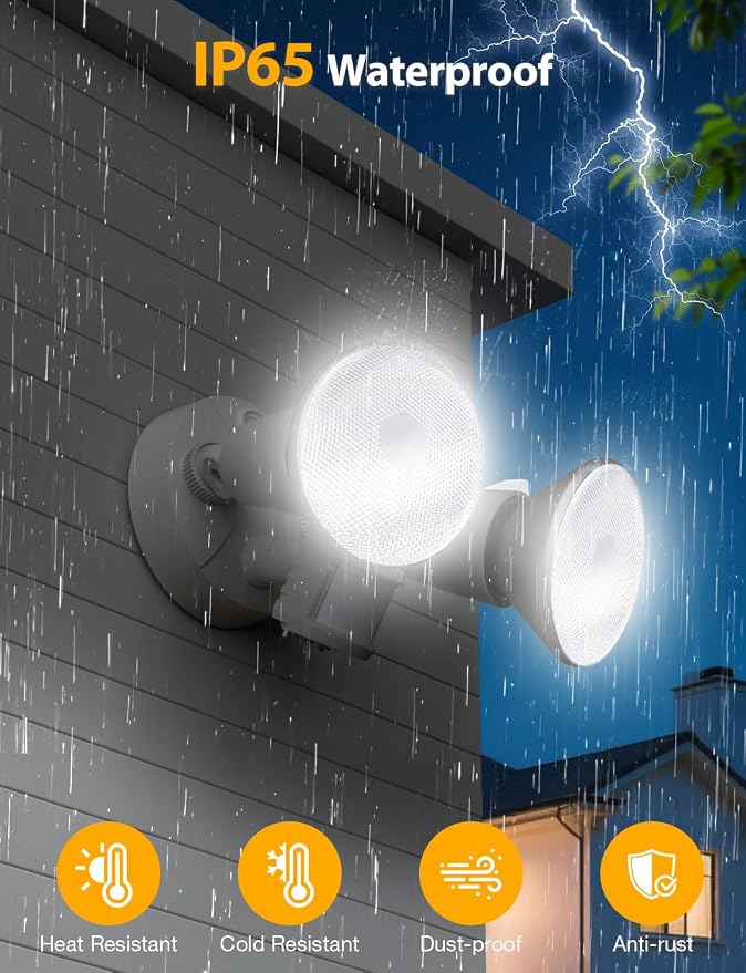 Onforu 2 Pack Motion Sensor Outdoor Lights, Dusk to Dawn Flood Light Fixture, Adjustable Dual PAR38 Heads, Hardwired Floodlight, E26 Base, 300W Max for Garage, Driveway, Yard, Porch, Milky White