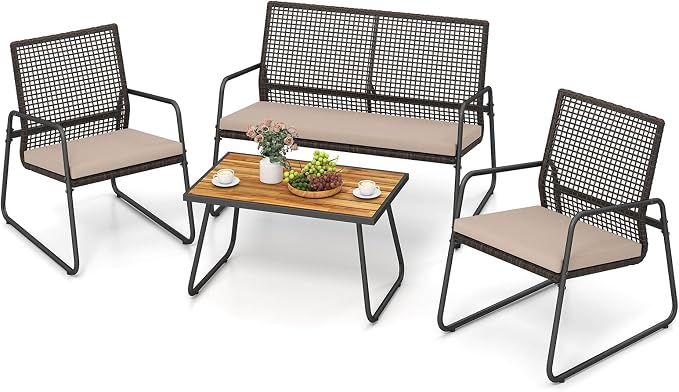 Tangkula 4 Pieces Patio Furniture Set, PE Wicker Rattan Conversation Set with Acacia Wood Coffee Table & Zippered Cushions, Outside Seating Set for Backyard, Garden & Deck (Beige, 4 Pcs)