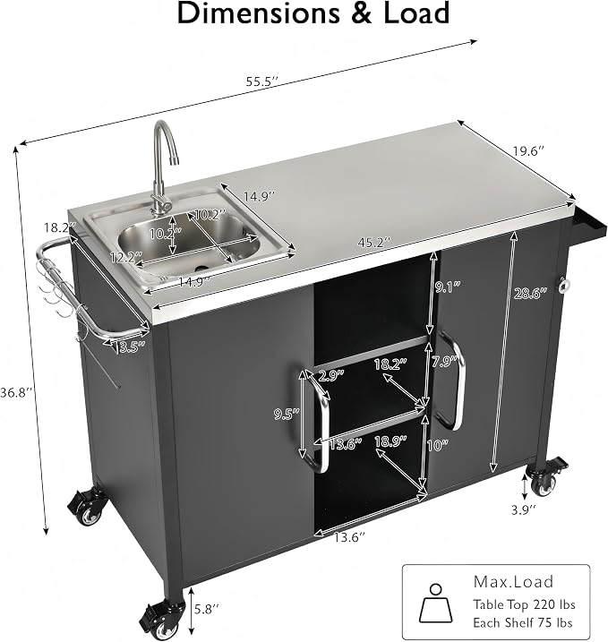 RUNNA Outdoor Kitchen Island with Sink, Metal Grill Cart Table with 304 Stainless Steel Sink, Outdoor Bar Cart Sink Station with 4 Lockable Wheels for Pizza Prep & BBQ, L 55.5" x W 20" H 36.7"