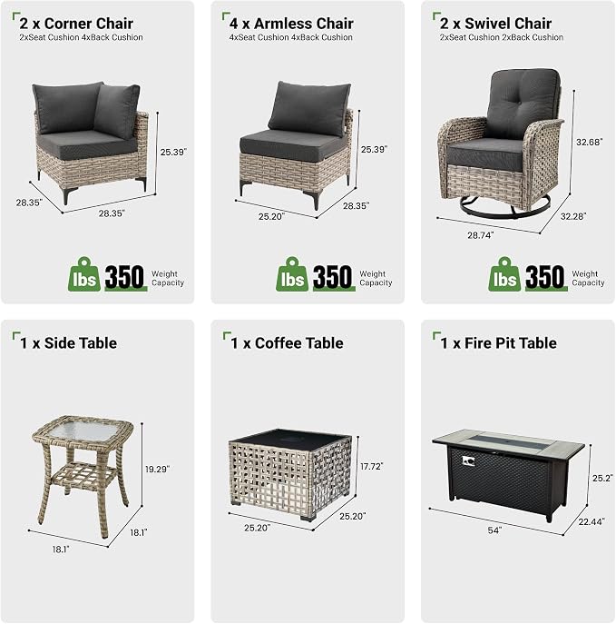 11 Pcs Patio Furniture with Fire Pit Table, Outdoor Rattan Wicker Conversation Set with Glowing Coffee Table, Comfy Sectional Sofa for Porch Balcony Backyard Pool, Black