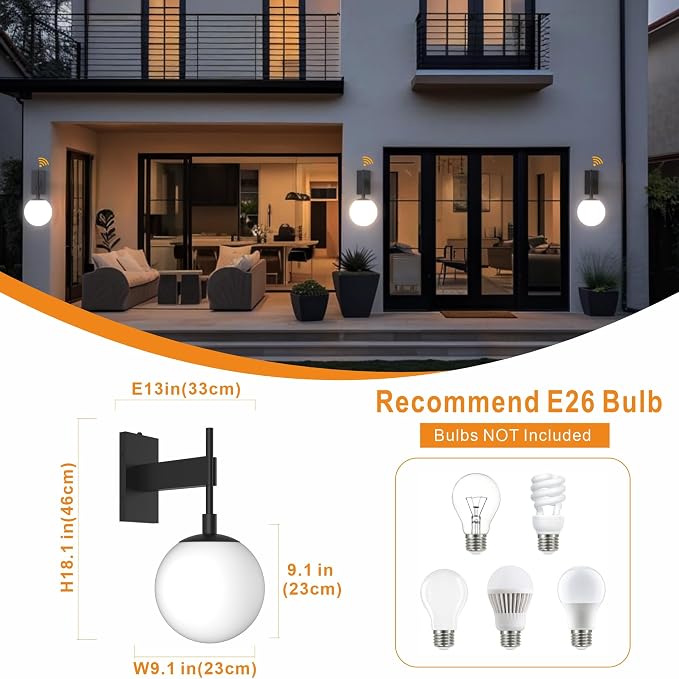 Hyunbae 18.1" Dusk to Dawn Outdoor Wall Sconce, Black Modern Exterior Light | White Globe Glass Shade, E26 Front Porch Light, Photocell Sensor, Garage Patio Entryway Use, IP65 Wall Mount Waterproof