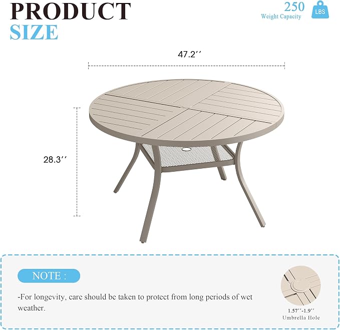 VICLLAX 47.2" Round Patio Table with Umbrella Hole, All Weather Metal Outdoor Dining Table for 6, Outside Table with Storage Shelf for Lawn Garden, Sandshell Color