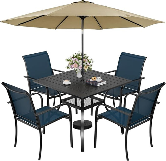 Incbruce 6 Pieces Patio Dining Set with Brown Umbrella, Outdoor Dining Set of 4 Textilene Chairs and Square Table with Umbrella Hole for Backyard, Garden, and Poolside (Blue)