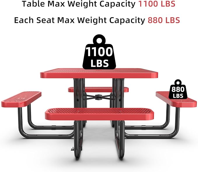 KEIKI 76.6" Heavy-Duty Steel Outdoor Picnic Table w/1.9" Umbrella Hole, Square Patio Dining Table for 4–8 People, Weather-Resistant Coated Metal Frame, Sturdy Thick Legs for Backyard, Park, Red