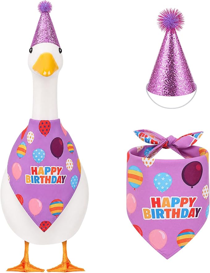 Happy Birthday Goose Outfit with Glitter Hat and Bandana,Purple | for 23" 17" Cement Plastic Porch Goose, Outdoor Statue Patio Yard Lawn Art