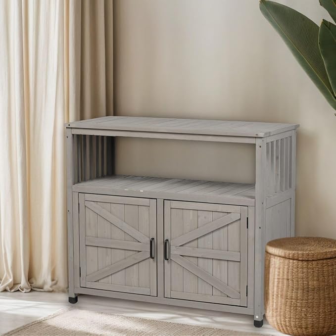 Outdoor Storage Cabinet, Patio Cabinet, Solid Wood Outdoor Console Table, Grey Slatted Buffet Cabinet Sideboard for Patio, Deck, Backyard, 220 Lb Capacity