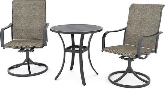 Anmutig 3-Piece Outdoor Patio Dining Set, 27.5" Black Round Table with 2 Swivel Rocking Patio Chairs Furniture Set for Kitchen Garden, Backyard, Light Tan