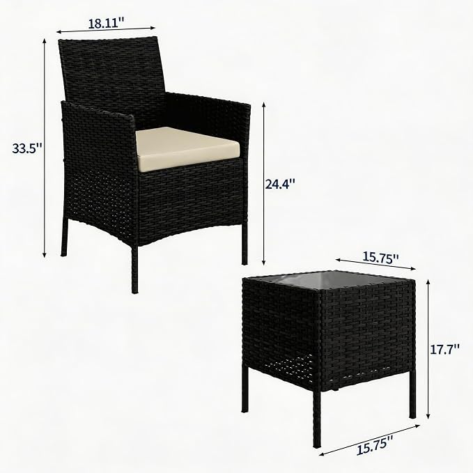 3-Piece Outdoor Furniture Set, PE Rattan Wicker Chairs with Soft Cushions & Tempered Glass Coffee Table - All-Weather Patio Set for Garden, Backyard, Porch, Poolside (Black/Beige)