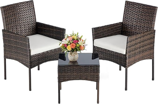 DUMOS 3-Piece Patio Furniture Set, All-Weather Outdoor Wicker Chairs with Removable Cushions & Tempered Glass Table, Small Bistro Set for Porch, Balcony, Lawn, Backyard, Brown