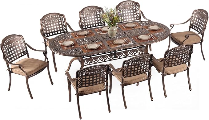 Redlife 9-Piece Cast Aluminum Outdoor Dining Set, 86" Oval Patio Table with Umbrella Hole, 8 Stackable Chairs with Cushion, Lattice Backrest, Waterproof Patio Furniture Set for Deck, Backyard
