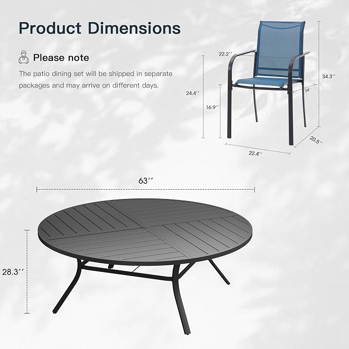 VICLLAX 11 Pieces Patio Outdoor Dining Set, 63" Round Metal Table with Umbrella Hole and 10 Stackable Textilene Chairs for Patio, Lawn, Garden, Porch, Black/Dark Blue