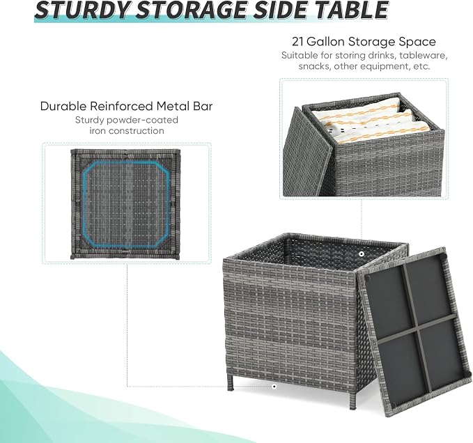 Verano Garden Outdoor Wicker Side Table Set of 2, Small Storage Rattan Wicker End Table, Square Resin Coffee Table for Garden Porch Deck Living Room Backyard