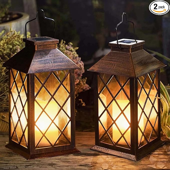 [2 Pack] TAKE ME 14" Solar Lantern Outdoor Garden Hanging Lantern Waterproof LED Flickering Flameless Candle Mission Lights for Table,Outdoor, Mothers Day Gifts Mom Wife