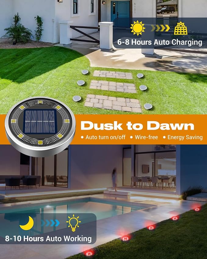 btfarm 16 Pack Solar Lights Outdoor, 8 LED Solar Ground Lights IP65 Waterproof Flat Solar Disc Light, Pathway Lights for Garden Lawn Patio Yard Path Landscape, Red