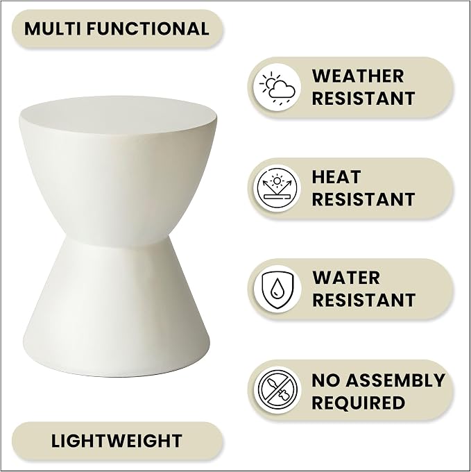 LeisureMod Loft Series White Fiberstone Side Table - Modern Hourglass Round Pedestal - 18-inch Weather-Resistant Accent for Outdoor Patio and Indoor Living Room Decor