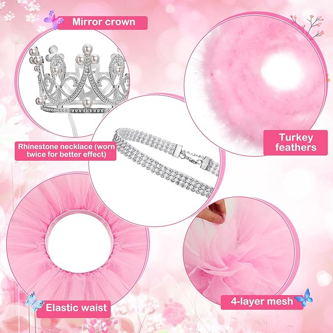 4 Pcs Princess Porch Goose Outfit for 23" 17" Cement Lawn Goose Costume Crown Necklace Tutu Skirt Feather Trim(Pink)