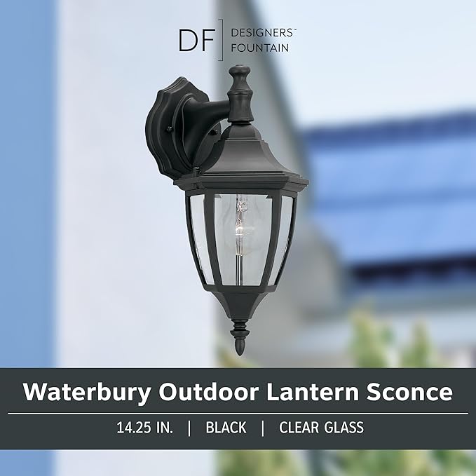 Designers Fountain Waterbury Outdoor Light Fixture, 14.25 Inch Exterior Wall Lantern Sconce for Front Door, Patio and Porch, Black, 2461-BK