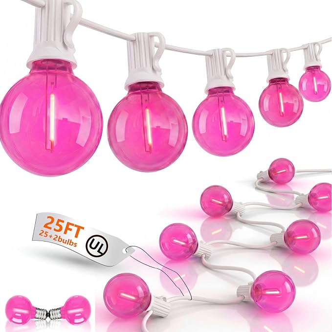 25FT G40 LED Outdoor Valentine's Day String Lights, Pink Valentine's Day Decorations Lights with 27 Shatterproof Pink Globe Bulbs, Hanging Patio Lights Waterproof for Holiday Backyard Party Garden