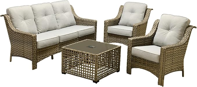 Outdoor Patio Furniture Sets, 4 PCS Patio Conversation Set Outside Rattan Sofa with Solar Light Coffee Table Comfy Cushions Fit Backyard Porch Garden Poolside Balcony,Light Grey