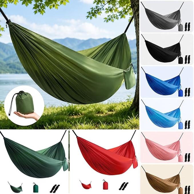 Camping Hammock Lightweight Portable Double Swing with 2 Tree Straps, Heavy Duty Parachute Nylon Bed for Backpacking Hiking Beach, Outdoor Essentials for Backyard Patio Camping Gear (Gray)