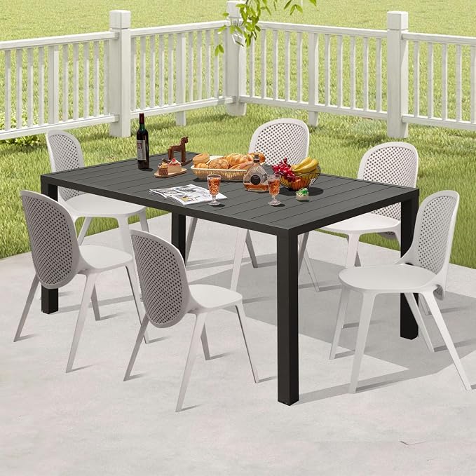 Domi Outdoor Dining Table for 6 Person, Rectangular Slatted Metal Patio Table for Deck Garden Lawn Backyard Use with Umbrella Hole, Brown