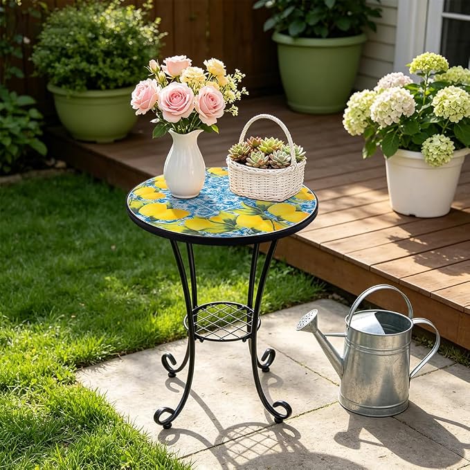 14 Inch Mosaic Patio Side Table with Scroll Legs, Indoor Outdoor Accent Round End Table with Ceramic Tile Tops for Yard, Garden, Living Room, Bistro, B - Lemon & Blue Tile
