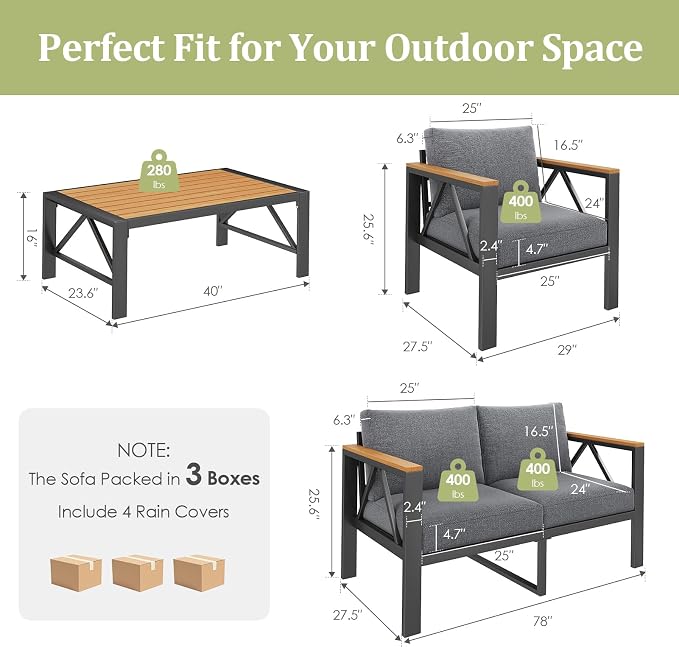 INGEROOM 4 Piece Aluminum Outdoor Patio Furniture Set with Waterproof Cover, 4-Seat Patio Conversation Sets with Coffee Table, Outdoor Sectional Furniture Set for Porch, Balcony, Deck, Dark Gray