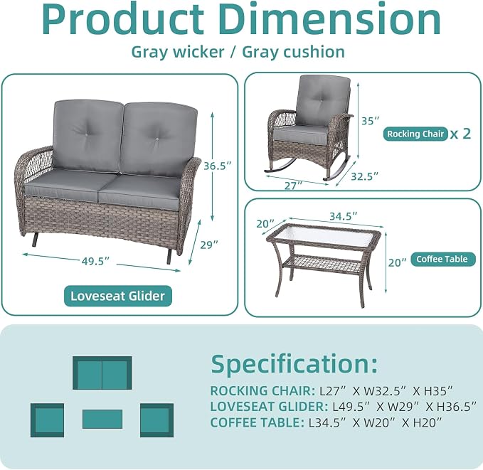 MEETWARM 4 Pieces Outdoor Wicker Patio Conversation Sets with Glider Loveseat, 2 Chairs with Glass-Top Coffee Table Rocking Chair Set, Wicker Conversation Set w/Thickened Cushions, Gray