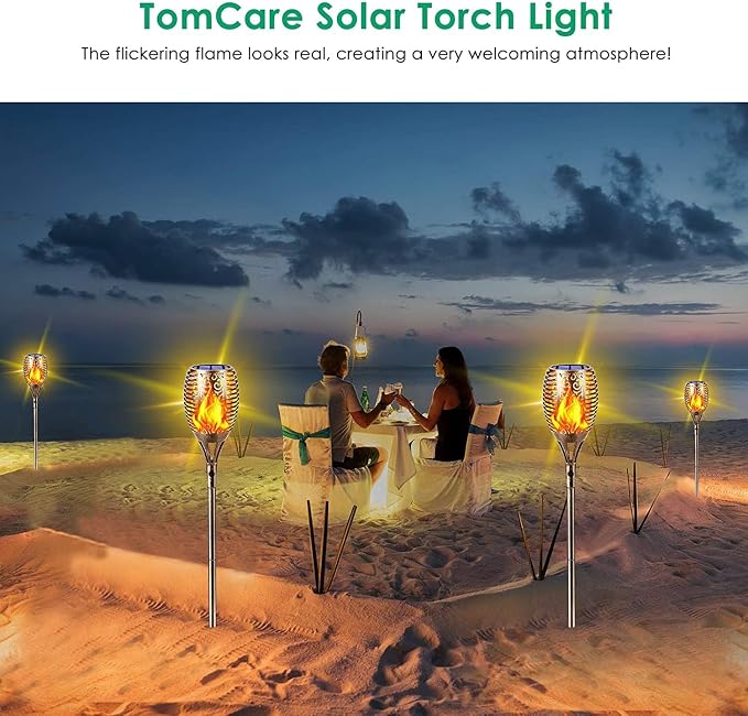 TomCare Flickering Flame Solar Torch Lights Outdoor, 43" Tall, 4 Pack | Realistic 99-LED Flame Effect, Charges in 6-8 Hours, 10-12-Hour Runtime, IP65 Waterproof, Auto On/Off for Yard, Patio, Garden