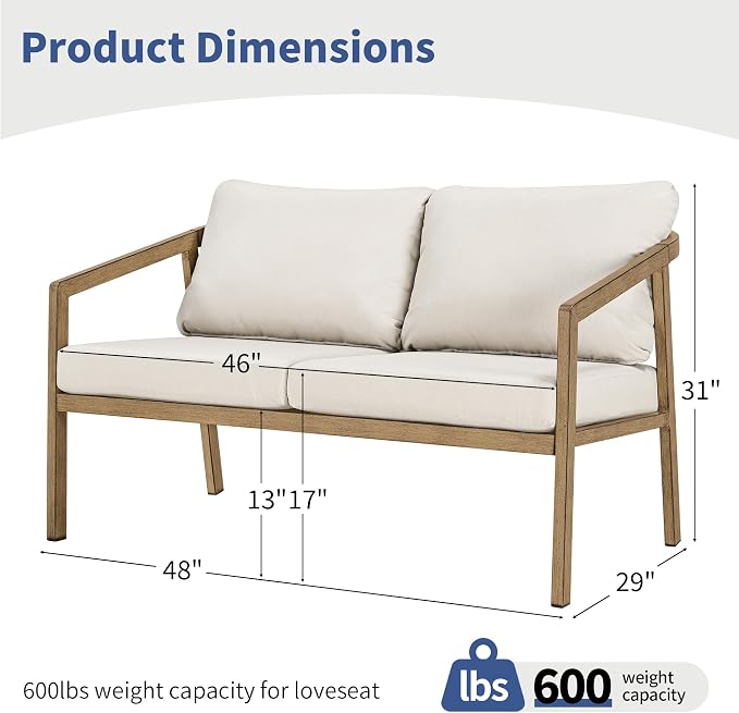Outdoor Patio Loveseat Sofa, Aluminum 2-Seater Conversation Set with Washable Thick Cushions, Never-Rust Modern Garden Couch Bench for Porch, Poolside, Backyard (Brown+Beige)