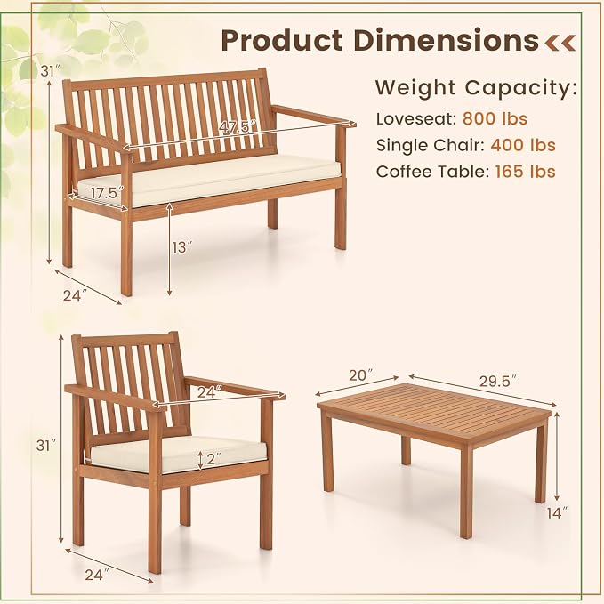Tangkula 4 Piece Patio Wood Furniture Set, Acacia Wood Sofa Set w/Loveseat, 2 Chairs & Coffee Table, Soft Seat Cushions, Outdoor Wood Furniture Set for Porch, Yard, Balcony (Off White), OneSize