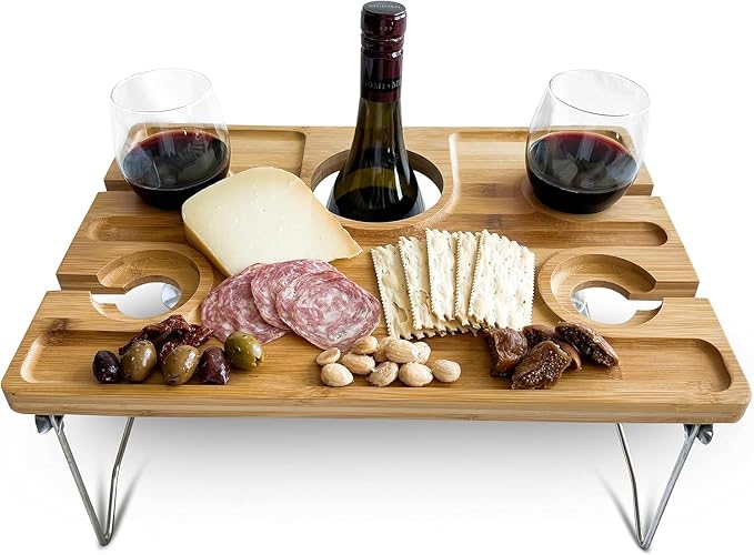 Portable Bamboo Picnic Wine Table for 4 - Folding Snack Tray with Bottle and Glass Holders - Low Camping and Beach Table for Outdoor Cheese and Charcuterie