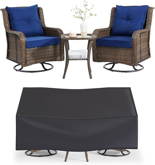 Wumiokio Patio Furniture Sets, 3 Pieces Wicker Outdoor Furniture - 360 Degree Swivel Rocking Chairs and Rattan Side Table for Garden,Porch,Backyard (Brown Wicker/Blue Cushion, 3PCS - Swivel Chairs)