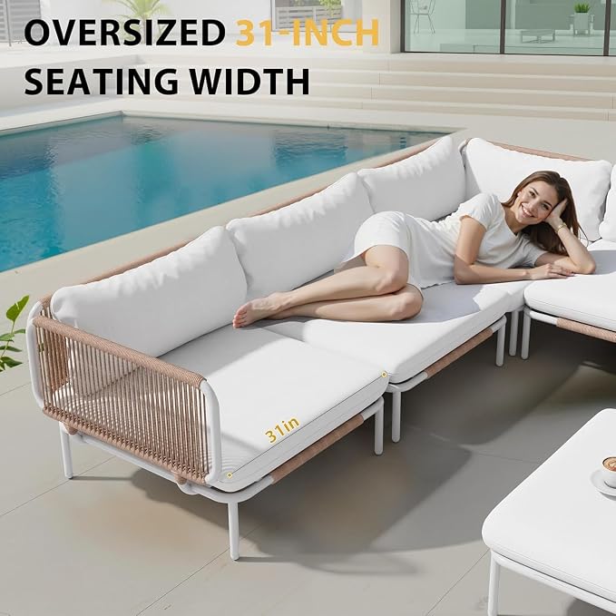 7 Piece Modern Outdoor Sectional Sofa, 31" Oversized Patio Furniture Set with Olefin Woven Rope, Weather-Resistant Metal Frame and Removable Cushion, Beige