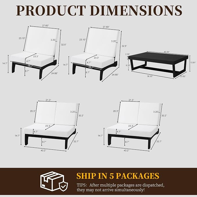 5 Pieces All Weather Black Wood Patio Furniture Sets, 2 Patio Loveseat, 2 Patio Bistro Chair, Outdoor Sectional Sofa Furniture Backyard Conversation Set with Coffee Table - Beige