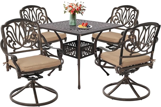 Grepatio 5 Piece Cast Aluminum Patio Dining Set, Outdoor Furniture Set with 4 Swivel Rocker Ding Chairs, 4 Cushions and 35.4" Square Patio Table with 2.4" Umbrella Hole, Antique Bronze (Khaki)