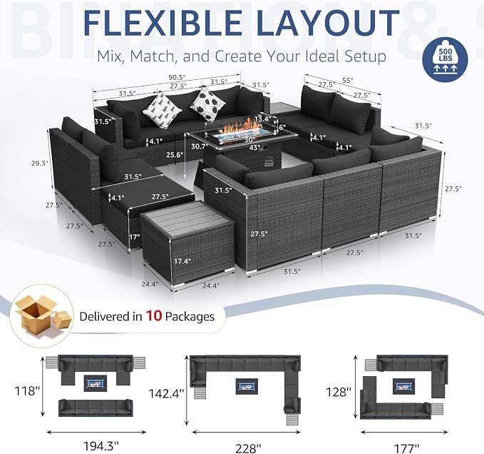 NICESOUL 15 Piece Outdoor Sectional with Fire Pit Table, Modern Luxury Patio Deep Seating w/Firepit, 29.3'' High-Back Wicker Couch Thick, Big High-Weight Capacity Sofa for Terrace, Yard, Dark Gray