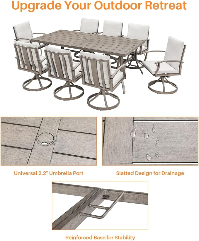 9-Piece Patio Dining Set for 8, Never Rusts Aluminum Outdoor Swivel Dining Set with Cushions, Outdoor Dining Set, Patio Table and Chairs Furniture Sets for Deck, Garden Yard, Limed Oak