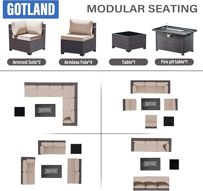 Gotland 8 Pieces Patio Furniture Set with Fire Pit Table, All Weather Rattan Outdoor Furniture with 29.5'' High Backrest 4’’ Thick Cushions Coffee Table, Outdoor Sectional for Porch, Deck, Khaki