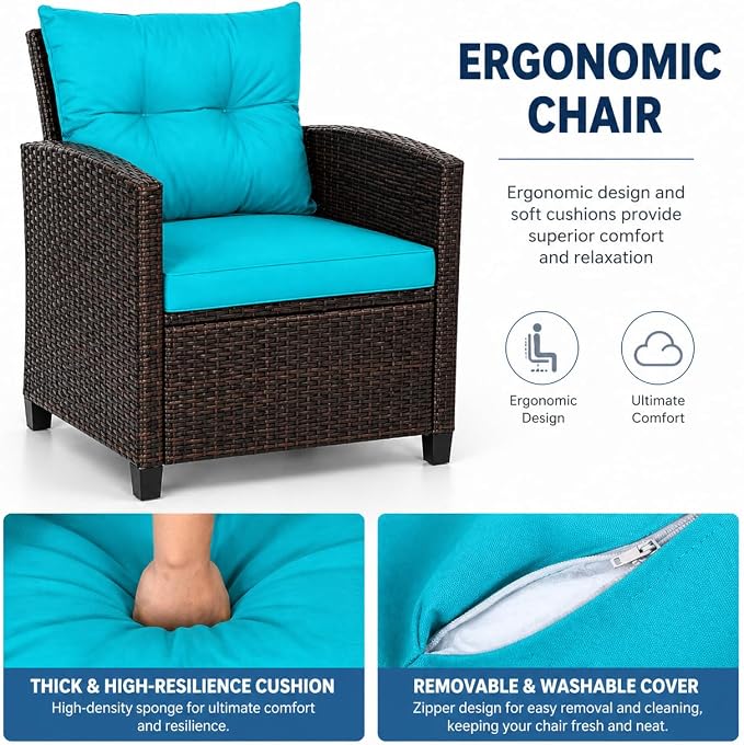 DORTALA Wicker Patio Furniture Set 3 Piece, Outdoor Table and Chairs with Tempered Glass Tabletop, Cushions, Small Rattan Conversation Sofa Set for Balcony, Porch, Backyard, Deck, Turquoise