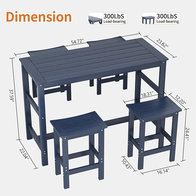 5Pcs HIPS Outdoor Bar Set, Weatherproof Patio Bar Table and Chairs Set for Outside, 55" Rectangular High Top Bar Table with 4 Bar Stools for Patio, Poolside, Balcony, Hot Tub, Blue