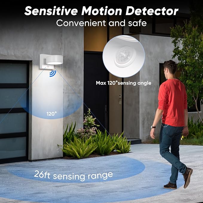 Motion Sensor Outdoor Lights with 3000K/4000K/5000K Adjustable, Aluminum White LED Outdoor Wall Sconce, Modern Outside Exterior Lighting Fixtures for Porch,House, Doorway, Garage,Front