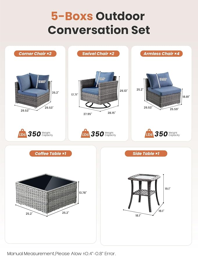 ovios Outdoor 10 Piece Coversation Set with Swivel Rocking Chair,Sectional Patio Furniture Set with All-Weather Wicker Sofa,Modern Outside Couch for Balcony Backyard Pool, Blue