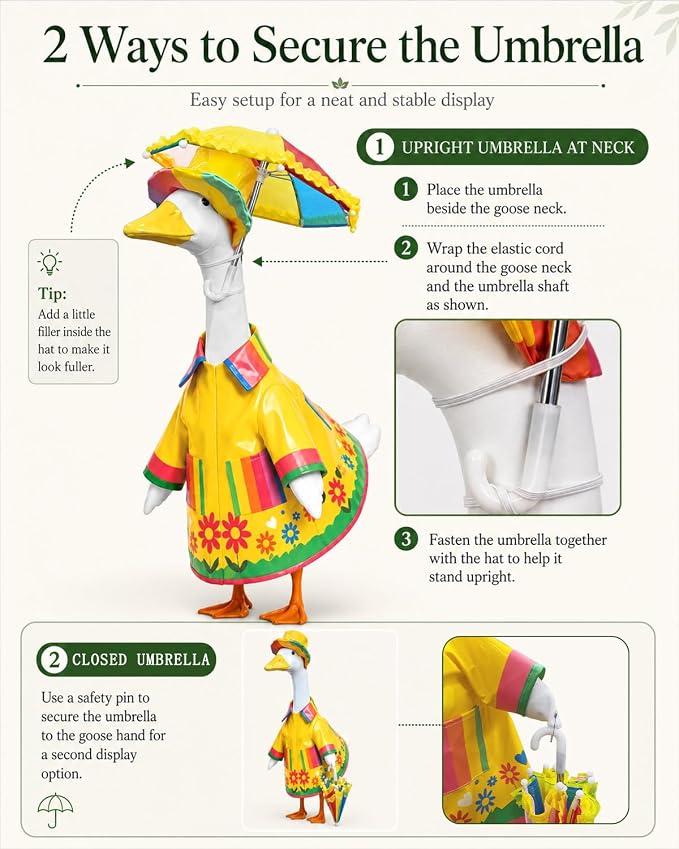 Porch Goose Raincoat Outfits, Summer Spring Lawn Yard Goose Statue Clothes Costume for 23" Lawn Outdoor Garden Yard Patio Geese Statue Decoration with Raincoat Umbrella Hat (Yellow raincoat)