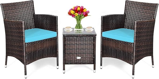 HAPPYGRILL 3-Pieces Patio Furniture Set Outdoor Rattan Wicker Conversation Set with Coffee Table Chairs & Cushions for Patio Garden Lawn Backyard Poolside