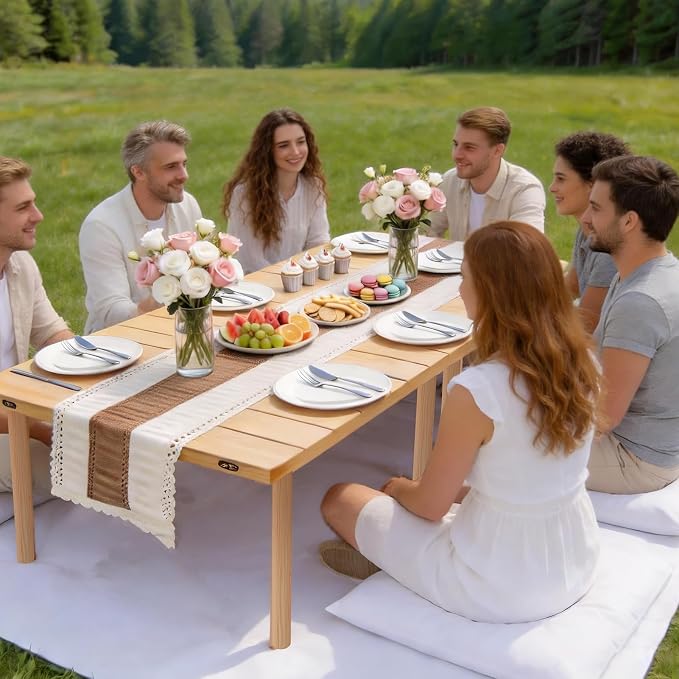 60" x 30" Boho Low Wooden Folding Picnic Table with Table Runner, Portable Boho Picnic Table for Indoor Outdoor Use, Camping, Beach, Garden, Wedding & Party (8 Steak Knives & Forks Included)