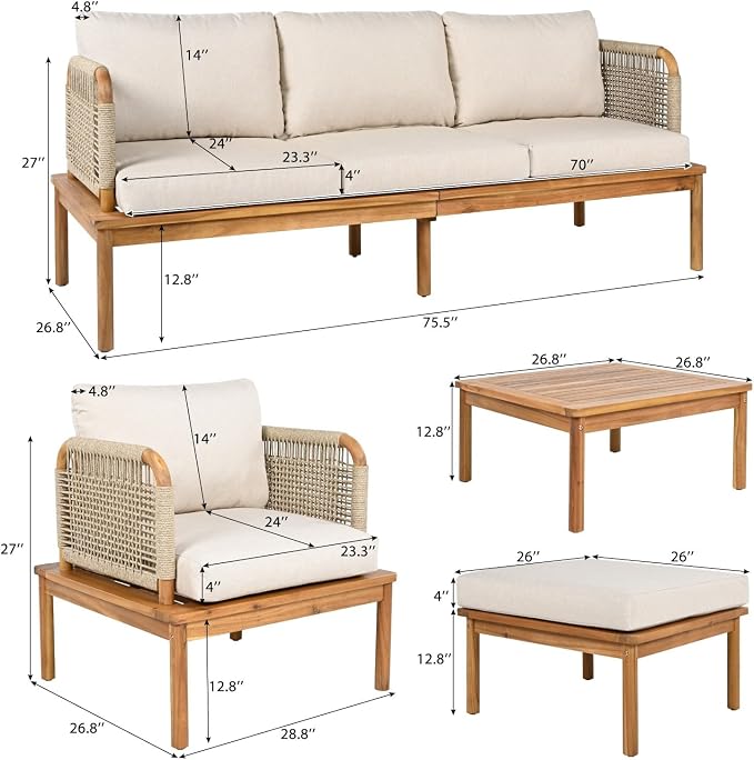 Patio Furniture Set of 4, Outdoor Sectional Furniture with Coffee Table and Ottoman, All-Weather Patio Conversation Set for Backyard, Garden and Poolside (Series A)